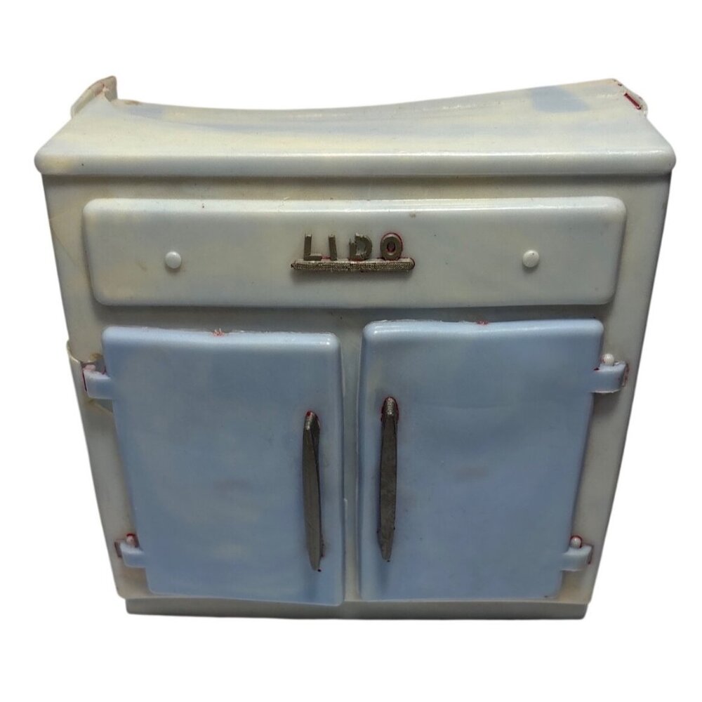 Vintage Lido Toy Kitchen Sink Cabinet White Blue Plastic With Dual Doors
